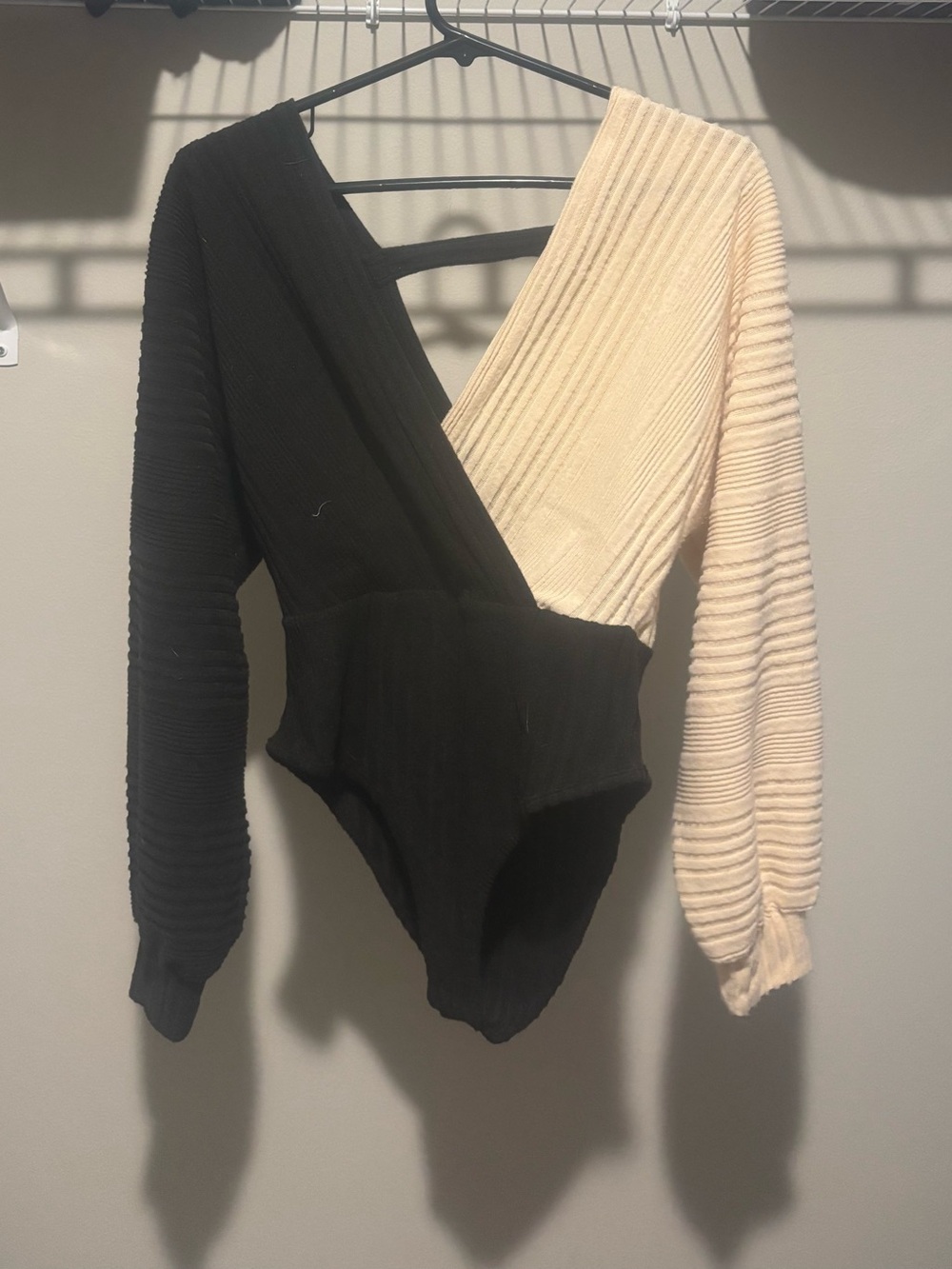 Black & Cream Ribbed Wrap Bodysuit